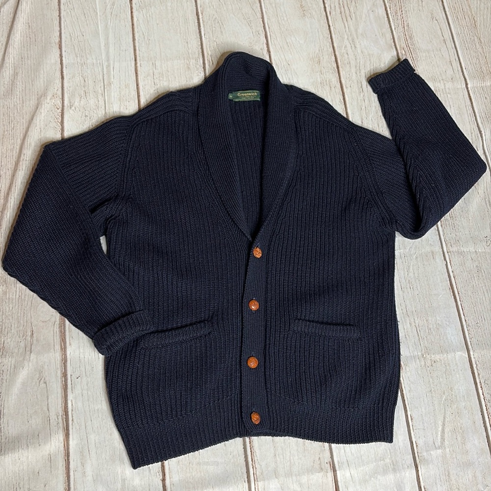 Greenwich 100% New Wool Navy Blue Button Down Cardigan Sweater Men’s Size Medium